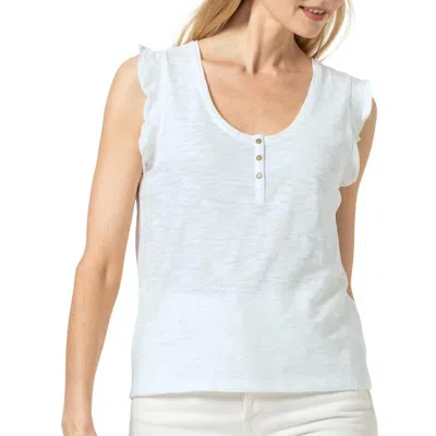 Shop Lilla P Ruffle Sleeve Scoop Neck Henley Top In Pool In White