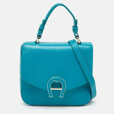 Shop Aigner Leather Logo Flap Top Handle Bag In Blue