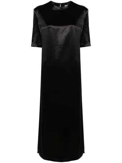 Loulou Studio Tuga Short-sleeve Shift Satin Midi Dress In Black