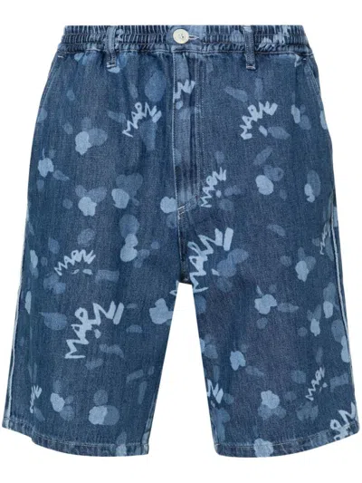 Shop Marni Printed Denim Shorts In Blue