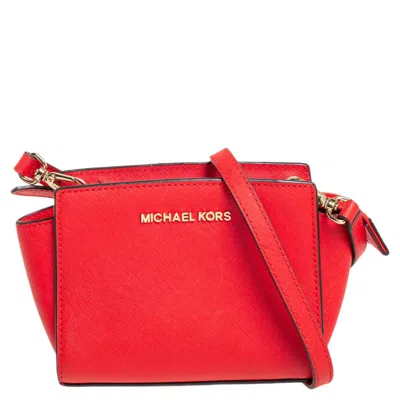 Shop Michael Kors Saffiano Leather Mini Selma Crossbody Bag In Red