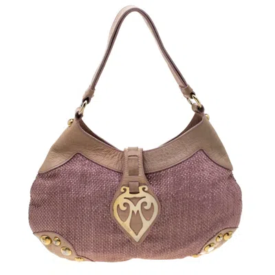 Shop Moschino /beige Jute And Leather Hobo In Purple