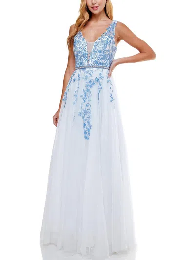 Shop Tlc Say Yes To The Prom Juniors Womens Embroidered Mesh Evening Dress In Blue