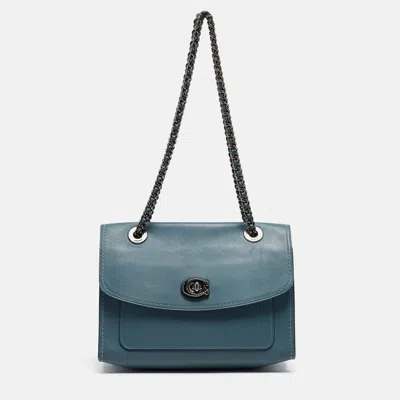 Shop Coach Leather Small Parker Chain Flap Shoulder Bag In Blue