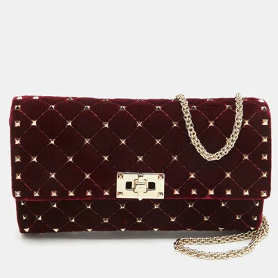 Shop Valentino Quilted Velvet Rockstud Spike Chain Clutch In Red