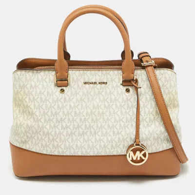 Shop Michael Kors Signature Coated Canvas And Leather Savannah Satchel In White