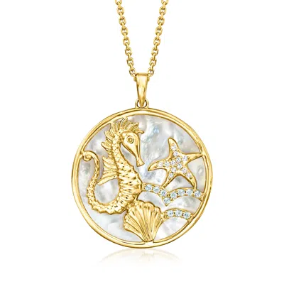 Shop Ross-simons Mother-of-pearl Seahorse Medallion Pendant Necklace With . Sky Blue Topaz And Diamond Accents In 18k In Silver
