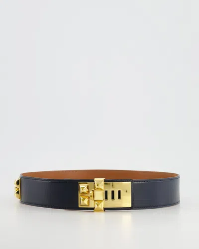 Shop Hermes Navy Collier De Chien Leather Belt With Gold Hardware In Brown