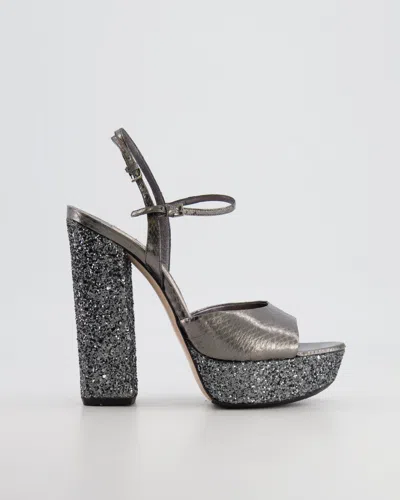 Shop Miu Miu Silver Python-effect Sandal Heels With Glitter Details In Grey