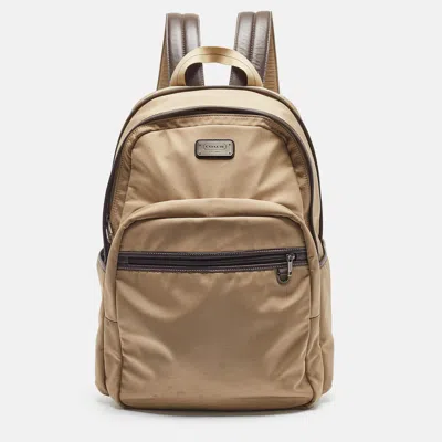 Shop Coach /brown Leather And Nylon Backpack In Beige
