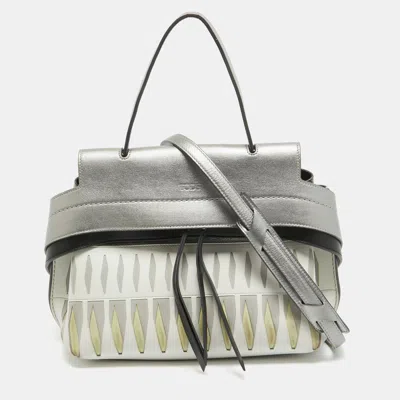 Shop Tod's Metallic /white Leather Wave Laser Top Handle Bag