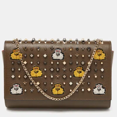 Shop Christian Louboutin Olive Patent And Leather Paloma Embellished Chain Clutch In Brown