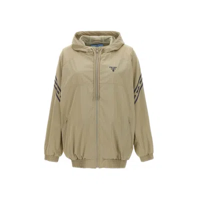 Prada Drawstring Hooded Jacket In Beige
