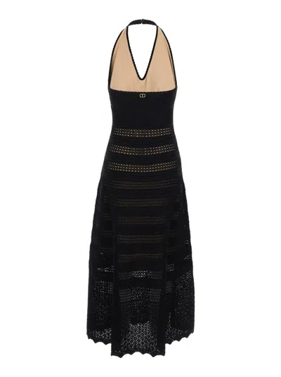 Shop Twinset Long Black Perforated Dress With Halterneck In Viscose Blend Woman