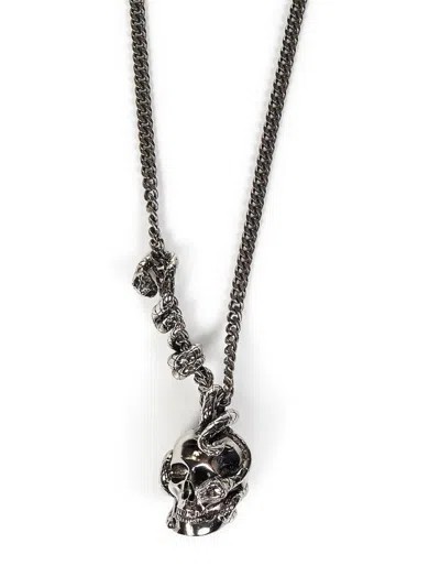 Shop Alexander Mcqueen Skull And Snake Necklace In Silver