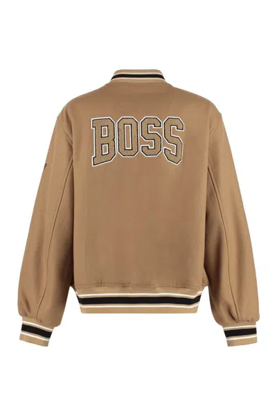 Shop Hugo Boss Boss Wool Bomber Jacket With Patch In Brown