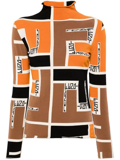 Shop Fendi Printed High-neck Top In Orange