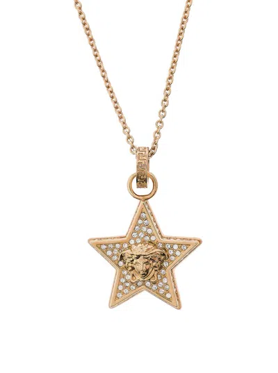 Shop Versace Star Pendant Chain Necklace In Brass Woman In Grey