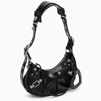 Shop Balenciaga Le Cagole Xs Crocodile-effect Mini Bag With Rhinestones In Black