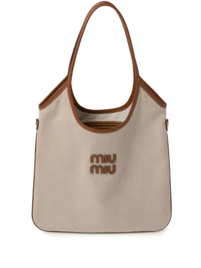 Shop Miu Miu Ivy Canvas Tote Bag In Naturale+brandy