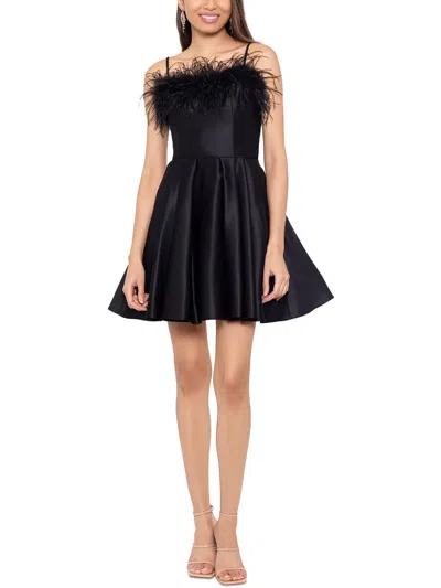 Shop Blondie Nites Juniors Womens Solid Satin Fit & Flare Dress In Black