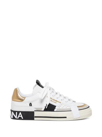 Shop Dolce & Gabbana Custom  Leather Sneakers With Metallic Inserts In White