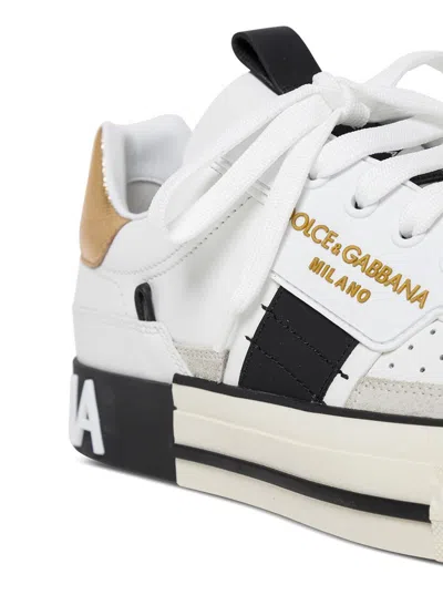 Shop Dolce & Gabbana Custom  Leather Sneakers With Metallic Inserts In White