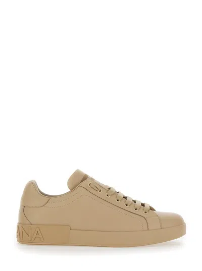Shop Dolce & Gabbana 'portofino New' Beige Low-top Sneakers With Contrasting Logo In Leather Man