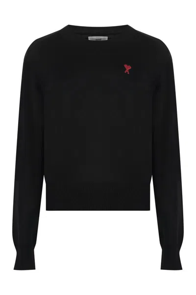 Shop Ami Alexandre Mattiussi Ami Paris Merino Wool Crew-neck Sweater In Black