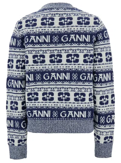 Shop Ganni Blue And White Sweater With Jacquard Logo Motif In Wool Woman