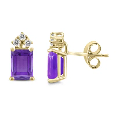 Shop Sselects 14k 8x6mm Emerald Shaped Amethyst And Three Stone Diamond Earrings In Purple