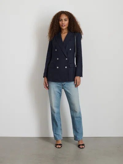 Shop Alex Mill Anna Double Breasted Blazer In Linen In Dark Navy