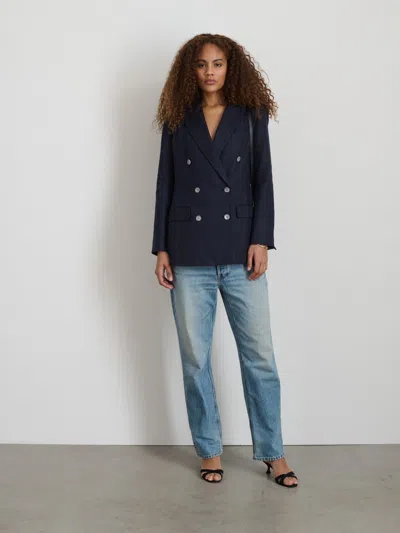 Shop Alex Mill Anna Double Breasted Blazer In Linen In Dark Navy