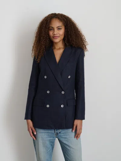 Shop Alex Mill Anna Double Breasted Blazer In Linen In Dark Navy