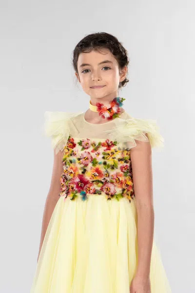 Shop Marchesa Tulle Gown With Multicolor Flower Embroidery In Yellow