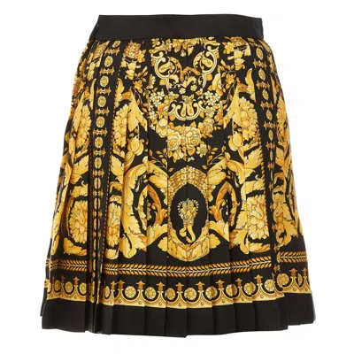 Versace Black And Golden Pleated Skirt With Baroque Print All-over In Silk Woman In Multicolor