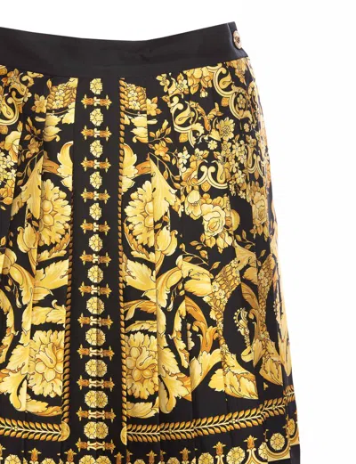 Versace Black And Golden Pleated Skirt With Baroque Print All-over In Silk Woman In Multicolor