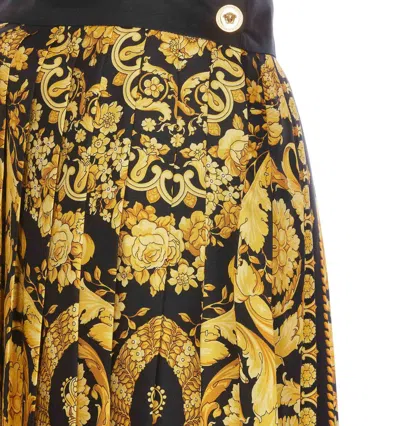 Versace Black And Golden Pleated Skirt With Baroque Print All-over In Silk Woman In Multicolor