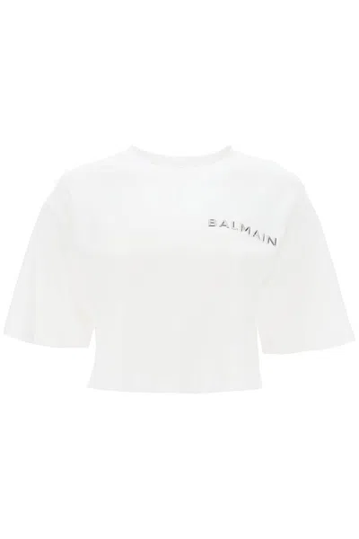 Shop Balmain Cropped T-shirt With Metallic Logo Women In Multicolor