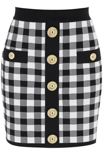 Shop Balmain Gingham Knit Mini Skirt With Embossed Buttons Women In Multicolor