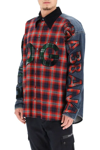 Shop Dolce & Gabbana Oversized Denim And Flannel Shirt With Logo Men In Multicolor