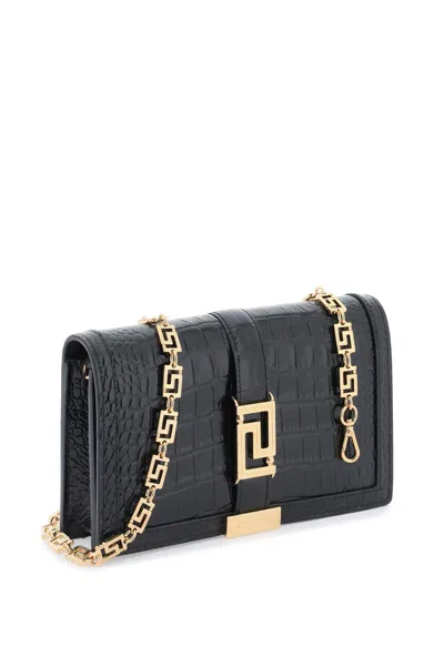 Shop Versace Croco-embossed Leather Greca Goddes Crossbody Bag Women In Multicolor
