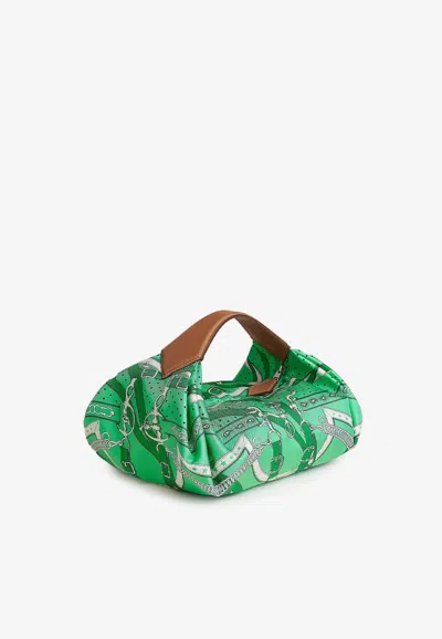 Pre-owned Hermes Balusoie Bag In Vert Comics La Promenade Du Matin Bandana Silk Print And Naturel Hunter With Palladi
