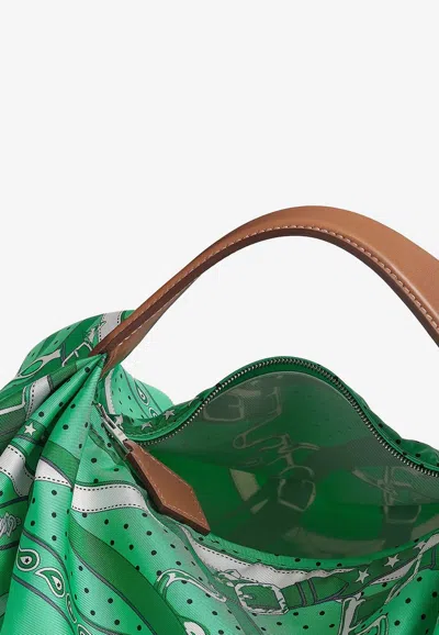 Pre-owned Hermes Balusoie Bag In Vert Comics La Promenade Du Matin Bandana Silk Print And Naturel Hunter With Palladi