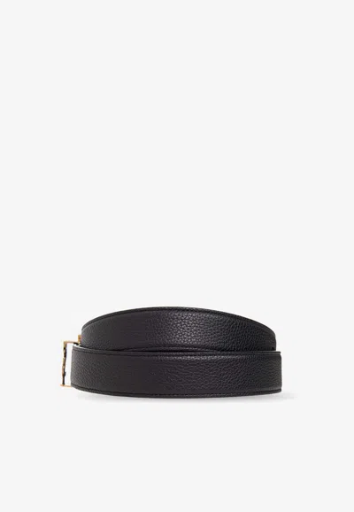 Shop Saint Laurent Cassandre Logo Leather Belt In Black