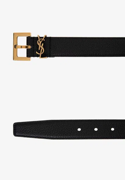 Shop Saint Laurent Cassandre Logo Leather Belt In Black