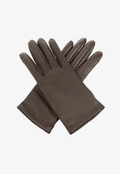 Shop Saint Laurent Cassandre Logo Leather Gloves In Brown