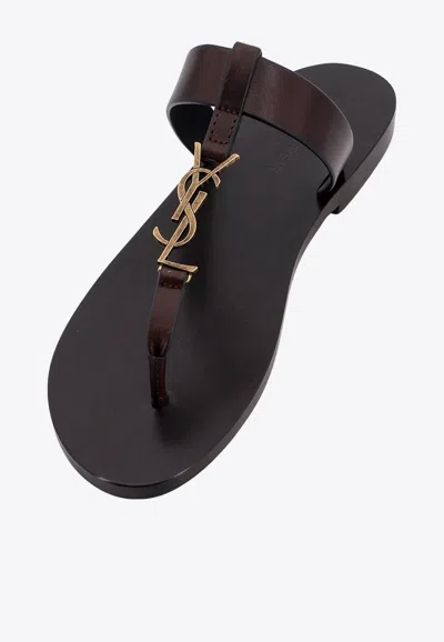 Shop Saint Laurent Cassandre T-strap Calf Leather Sandals In Brown