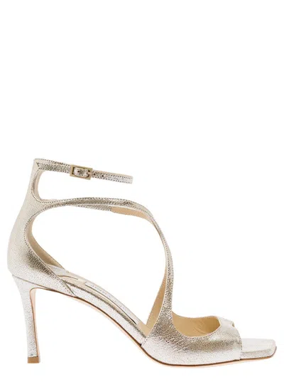 Shop Jimmy Choo 'azia' Champagne Sandals With Curved Straps In Glitter Leather Woman In Grey
