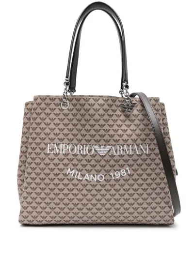 Shop Emporio Armani Allover Logo Tote Bag In Beige